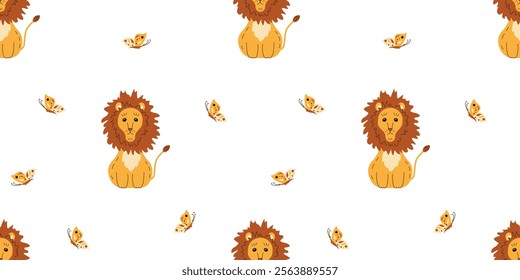 Seamless pattern of lions and butterflies on white background for textile, fabric, wrapping paper