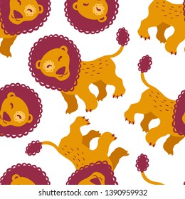 Seamless pattern lions characters, cute wildlife illustration for children print, poster, card, web. Isolated on white background. Vector