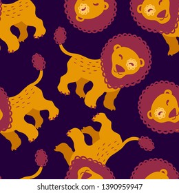 Seamless pattern lions characters, cute wildlife illustration for children print, poster, card, web. On dark background. Vector