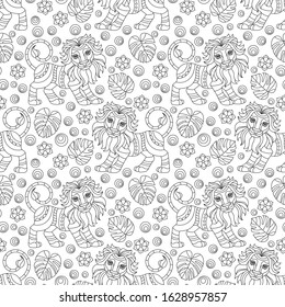 Seamless pattern with lions, contour animals, flowers and leaves , dark outlines on a white background
