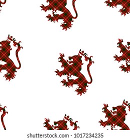 Seamless pattern with lions and crown on tartan. Vector illustration.