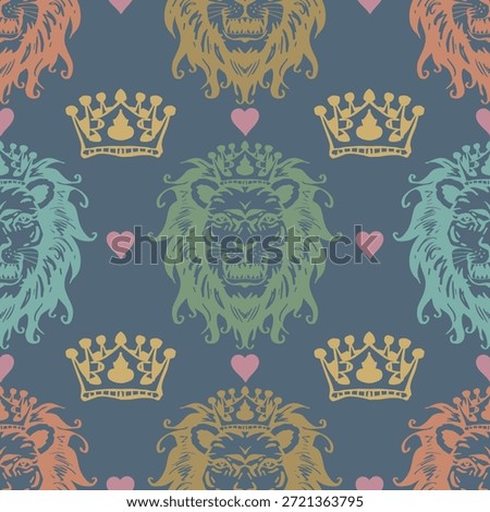 Seamless pattern with lions and crowns. Vintage style. Vector illustration.