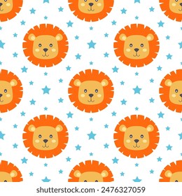 seamless pattern with lions, decor elements, cartoon vector for kids, flat style, baby design for fabric, print, textile, wrapper