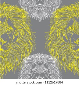 Seamless pattern with lions. Doodling, mandala. Drawing manually. Stylish background. A dangerous predator, a noble animal, a great mane.