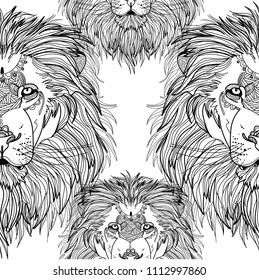 Seamless pattern with lions. Doodling, mandala. Drawing manually. Stylish background. A dangerous predator, a noble animal, a great mane.