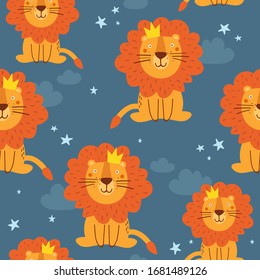 Seamless pattern with lions, hand drawn overlapping backdrop. Colorful background vector. Illustration with animals, sky. Decorative wallpaper, good for printing