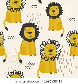 Seamless pattern with lions, hand drawn overlapping backdrop. Colorful background vector. Illustration with animals. Decorative wallpaper, good for printing