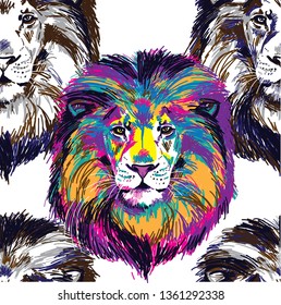 
Seamless pattern with lions. The king of beasts, a predator. Bright, multi-colored pop art pattern.