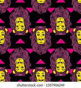 Seamless pattern with lions in pop art colors.