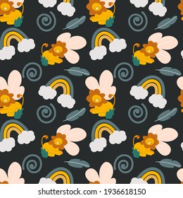
seamless pattern with lions and a rainbow on a dark background. children's print for design of fabric, textile, wrapping paper. vector in flat style