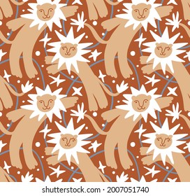 Seamless pattern with lions, stars and lines. Cute vector illustration in hand drawn style.