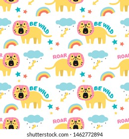 Seamless pattern with lions, stars and rainbow. Hand drawn  design for kids fabrics and wallpapers.