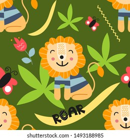 Seamless pattern with lions, text roar, flowers and butterfly in Scandinavian style. Vector Illustration. Kids illustration for nursery scandi design. Great for baby clothes, greeting card, wrapper.