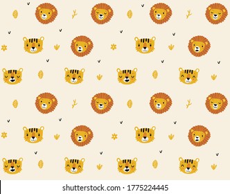 Seamless pattern with lions and tigers.