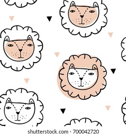 Seamless pattern with lions and triangles. Cartoon animal images. Cute cartoon background for kids. Hand drawn characters. Childish texture for paper, textile, nursery design