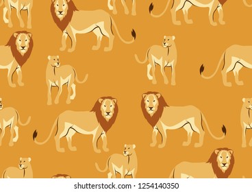 Seamless pattern with of lions. Wild African savanna animals on white background.