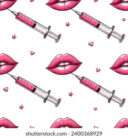 Seamless pattern of lip augmentation procedure. Lips injection of hyaluronic acid. Beauty clinic concept. Hand drawn illustration