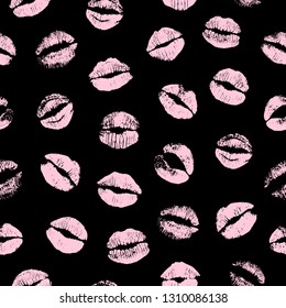 Seamless pattern of lip prints. Kisses of pink lipstick for Valentine day, Kiss day and love theme. Lips imprints on black background. Vector illustration.