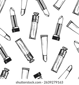 Seamless pattern with lip products. Make up theme hand drawn illustration