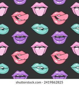 Patrón sin foco, labios en estilo de arte pop de los años 90. Ilustración vintage de la boca de las mujeres en diferentes emociones para imprimir. Fondo retro. Vector