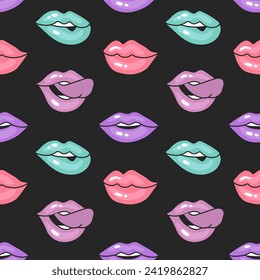 Patrón sin foco, labios en estilo de arte pop de los años 90. Ilustración vintage de la boca de las mujeres en diferentes emociones para imprimir. Fondo retro. Vector