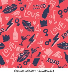 Seamless pattern with lips, bottle of wine, hearts, splash, word love, xoxo, crown. Background for wrapping paper, lovers, web, textile, fabric, clothes, stationery, socks and other designs.