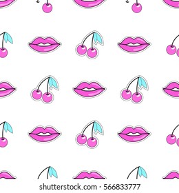 Seamless pattern with lips and cherry. Style of 80s-90s.