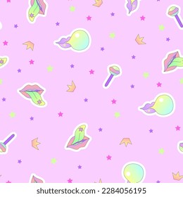 Seamless pattern with lips, chewing gum and candy. Retro vibes. Vector illustration.