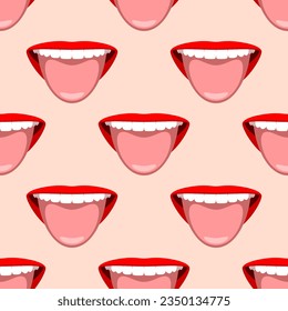 Seamless pattern with lips colored with red lipstick, open mouth with tongue sticking out, funny fashion and beauty background