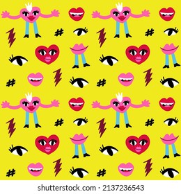 Seamless pattern with lips eyes and cartoon hearts faces