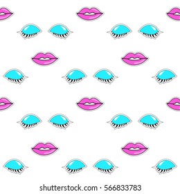 Seamless pattern with lips and eyes. Style of 80s-90s.