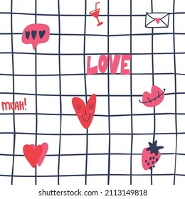 Seamless pattern with lips, hart, love, envelope, cocktails on cell grid. Background for wrapping paper, socks, clothes, stationery,  textile, fabric, clothes and other designs.
