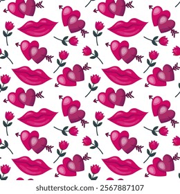 Seamless Pattern. lips, heart, rose. Valentine's Day gift wrapping paper texture. Hand drawn vector background. Stock isolated image on a white background.