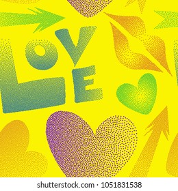 Seamless pattern with lips, hearts, arrows. Love symbols in yellow, blue and violet colors. Vector abstract romantic pattern for girls or boys, can be used for textile, fabric, clothes.