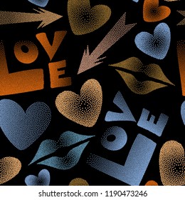 Seamless pattern with lips, hearts, arrows. Love symbols in beige, black and blue colors. Vector abstract romantic pattern for girls or boys, can be used for textile, fabric, clothes.