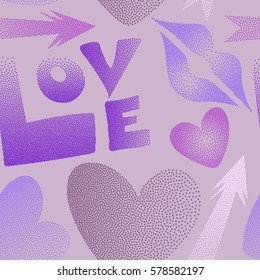 Seamless pattern with lips, hearts, arrows. Abstract pattern for textile, fabric, clothes. Romantic love symbols in violet and purple colors. Vector comic in pop art retro style with dots.