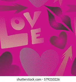 Seamless pattern with lips, hearts, arrows. Vector comic in pop art retro style with dots. Abstract pattern for textile, fabric, clothes. Romantic love symbols in green and magenta colors.