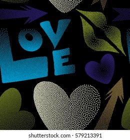 Seamless pattern with lips, hearts, arrows. Love symbols in green, brown and violet colors on a black background. Vector abstract pattern for girls or boys, can be used for textile, fabric, clothes.
