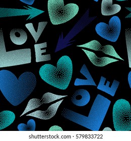 Seamless pattern with lips, hearts, arrows. Love symbols in blue colors on a black background. Vector abstract pattern for girls or boys, can be used for textile, fabric, clothes.