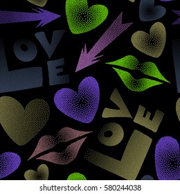 Seamless pattern with lips, hearts, arrows. Vector comic in pop art retro style with dots. Abstract pattern for textile, fabric, clothes. Love symbols in violet and pink colors on a black background.