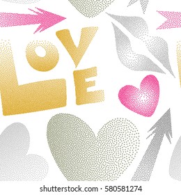 Seamless pattern with lips, hearts, arrows. Love symbols in yellow and gray colors on a white background. Vector abstract pattern for girls or boys, can be used for textile, fabric, clothes.