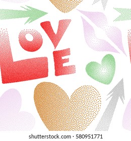 Seamless pattern with lips, hearts, arrows. Love symbols in red and orange colors on a white background. Vector abstract pattern for girls or boys, can be used for textile, fabric, clothes.