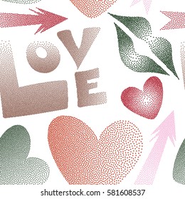 Seamless pattern with lips, hearts, arrows. Abstract pattern for textile, fabric, clothes. Love symbols in orange and red colors on a white background. Vector comic in pop art retro style with dots.