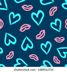 Seamless pattern with lips and hearts drawn by hand with a rough brush. Sketch, watercolor, paint. Stylish print. Vector illustration.