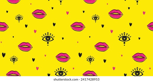 Seamless pattern with lips, hearts, eyes, drawn in the style of doodle. Vector image. Beauty ornament on yellow background.