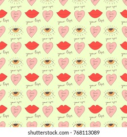 Seamless pattern with lips, hearts, eyes and romantic inscriptions about love drawn in the style of doodle. Vector image in red.