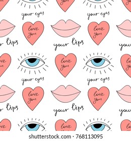 Seamless pattern with lips, hearts, eyes and romantic inscriptions about love drawn in the style of doodle. Vector image in red.