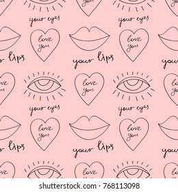 Seamless pattern with lips, hearts, eyes and romantic inscriptions about love drawn in the style of doodle. Vector image in red.