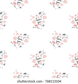 Seamless pattern with lips, hearts, eyes and romantic inscriptions about love drawn in the style of doodle. Vector image .