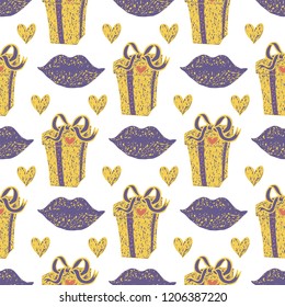 seamless pattern with lips, hearts and gift boxes on a white background